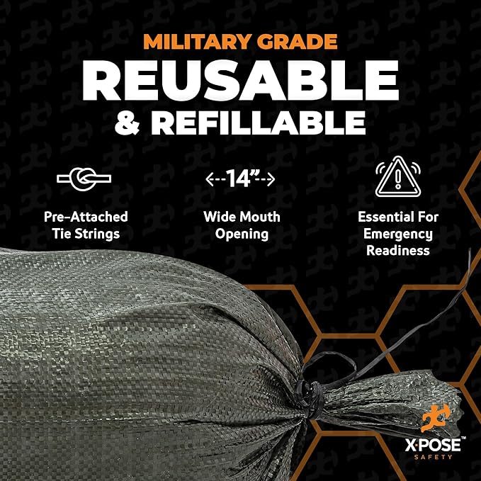 Xpose Safety Heavy Duty Sand Bags with Tie Strings – Empty Woven Polypropylene Sandbags for Hurricane Flood Protection, 50 lb Capacity, 14" x 26", Green, Bulk Half Pallet Pack of 7500