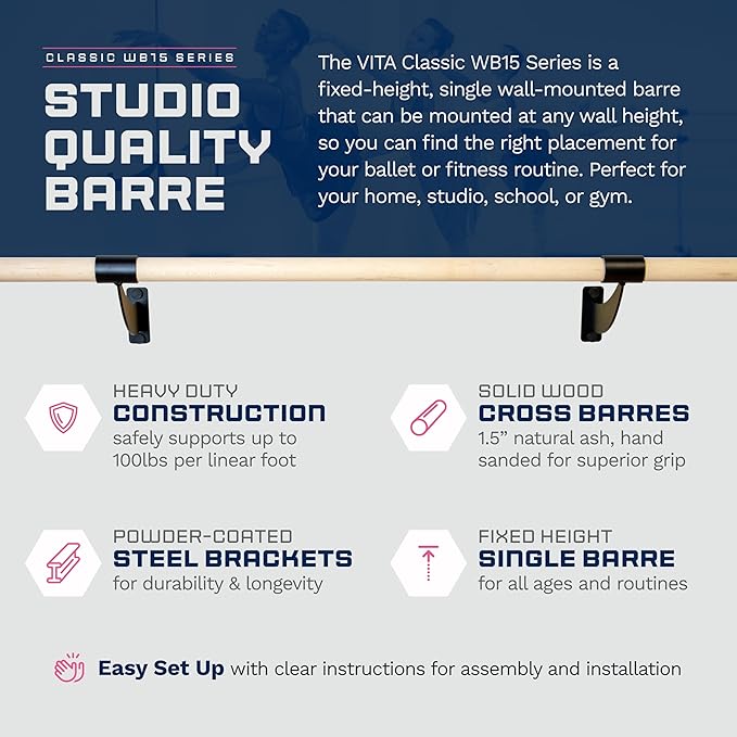 VITA Barre Wall-Mounted Single Ballet Barre, Classic WB15, Wood | Fixed Height, Made in USA, Home, Studio or Gym Exercise Equipment for Kids & Adults | Dance, Fitness, Pilates