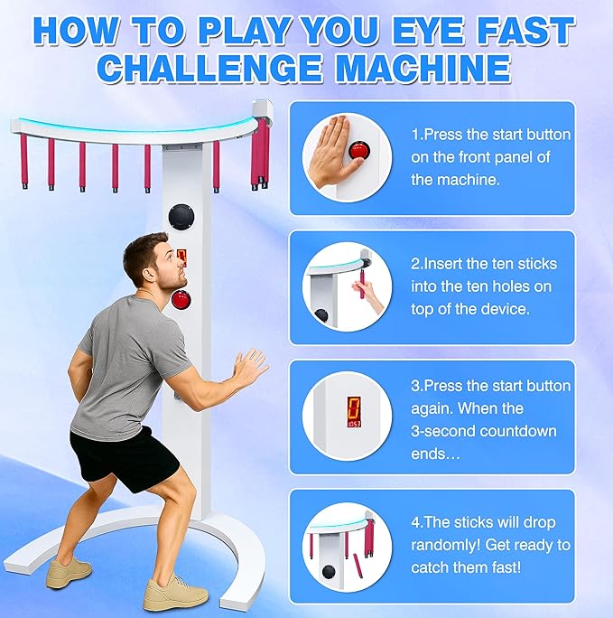 CAMINI Reflex Stick Challenge Game, Adjustable Speed Hand-Eye Coordination Trainer Arcade Machine for Events, Rentals, and Family Game Nights, LED Light & Music Reaction (White)
