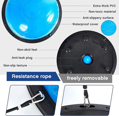 Honoson Half Ball Trainer Yoga Ball with Resistant Band Foot Pump Set, Half Exercise with Fitness Elastic Belt Hedgehog Balance Pods for Core Stability Full Body Workout Gym