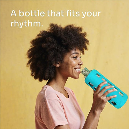 purifyou 40oz / 32oz / 22oz / 12oz Borosilicate Glass Water Bottle with Time & Volume Markers, Silicone Sleeve, Stainless Steel Lid | Reusable Glass Bottle for Water & Juice (32oz Aqua Blue)