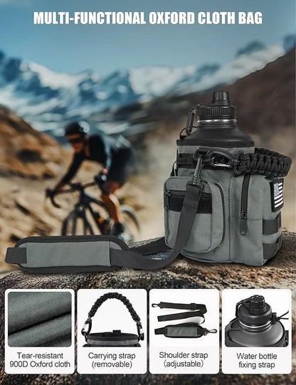 Tactical Half Gallon Water Bottle with Straw, 64 Oz Insulated Water Jug with Molle Water Bottle Holder, Stainless Steel Sport Bottle with 3 BPA Free Lids for Gym Workout Hiking (Gray)