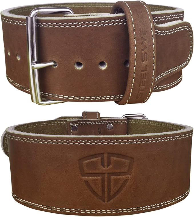 Steel Sweat Weight Lifting Belt - 4 Inches Wide by 10mm - Single Prong Powerlifting Belt that's Heavy Duty - Vegetable Tanned Leather - HYDE Brown Large
