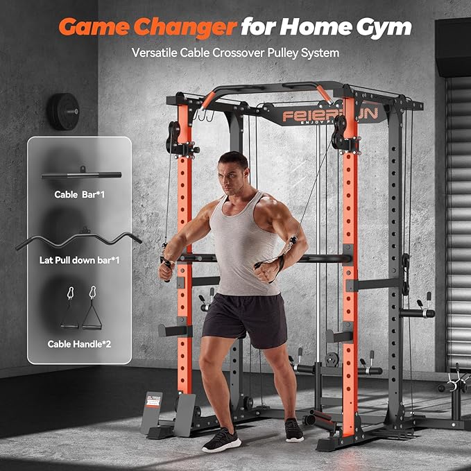 FEIERDUN FLA01 Power Cage Multi Function Squat Rack with Cable Crossover System,2000LBS Capacity with LAT Pulldown,10-in-1 Home Gym