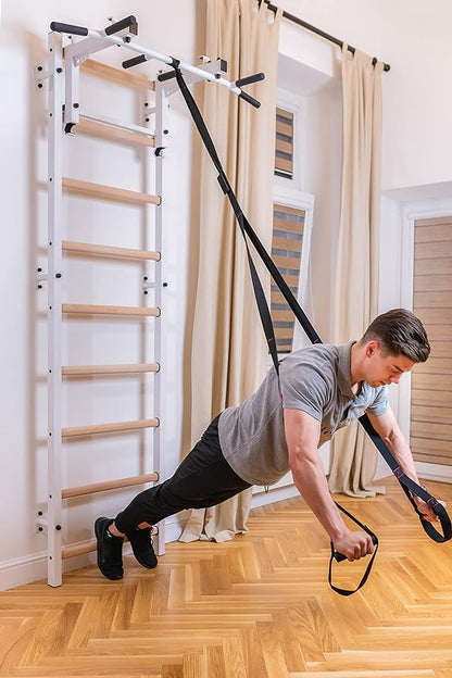 Wooden Swedish Ladder Wall Stall Bar - Indoor Chin Up Bar Workout Equipment for Home Exercise, Physical Therapy, Gymnastics, Fitness