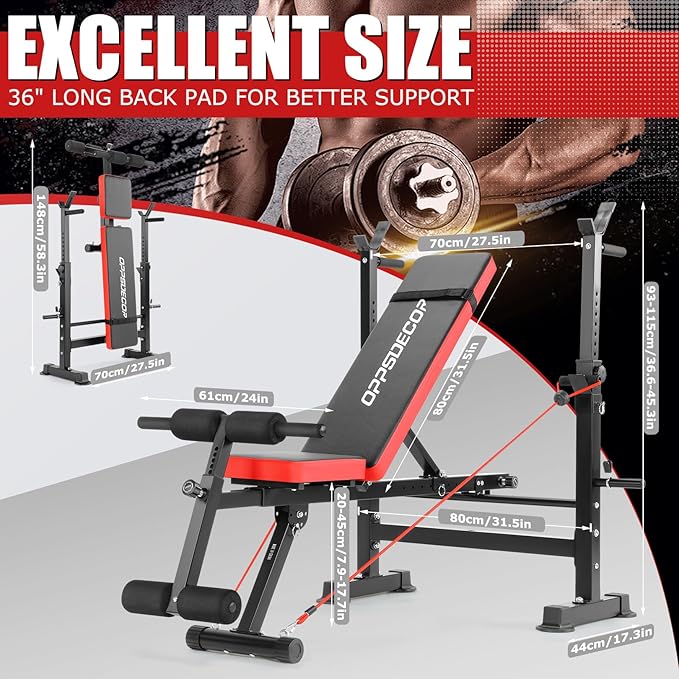 OPPSDECOR 8-in-1 Foldable Weight Bench Set with Squat Rack, Adjustable Bench Press Home Gym System for Full-Body Workout, Flat Incline Decline Sit Up Bench with Removable Foot Catch & Elastic Ropes