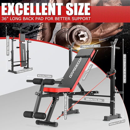 OPPSDECOR 8-in-1 Foldable Weight Bench Set with Squat Rack, Adjustable Bench Press Home Gym System for Full-Body Workout, Flat Incline Decline Sit Up Bench with Removable Foot Catch & Elastic Ropes