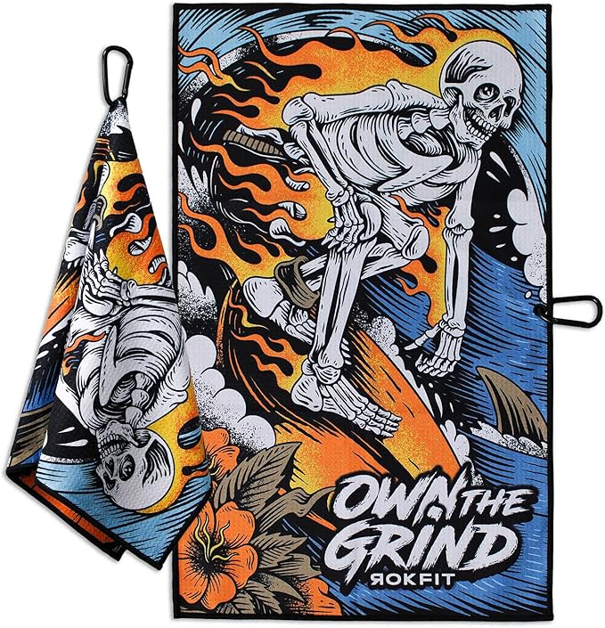 RokFit Gym & Golf Towel – Multi-Use, Quick-Dry, Durable Utility Towel with Bold Graphic and Carabiner Clip (Own The Grind)