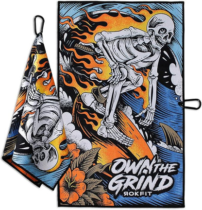 RokFit Gym & Golf Towel – Multi-Use, Quick-Dry, Durable Utility Towel with Bold Graphic and Carabiner Clip (Own The Grind)