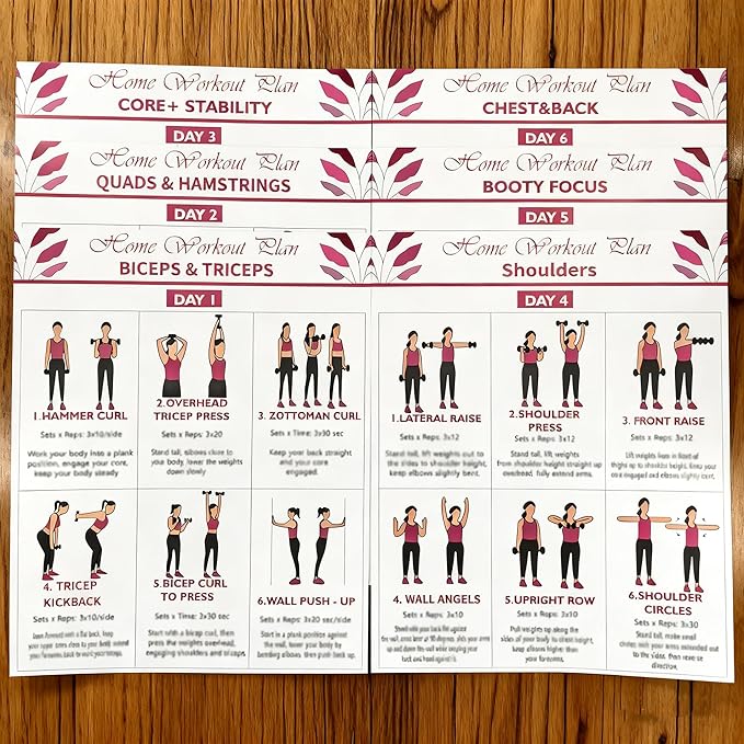 6-Pack Dumbbell Workout Posters for Beginners | Home Fitness Plan with Daily Exercise Routines for Weight Loss & Muscle Tone, Strength & Flexibility | Cycle Through Daily Guided Workouts | 8x10 Inch Charts (Red)