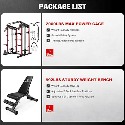 M21 Smith Machine, Multi-Function Power Cage with Dual Pulley Cable Crossover System, 2000LBS All-in-One Squat Rack with Smith Bar and Attachments for Home Gym Strength Training