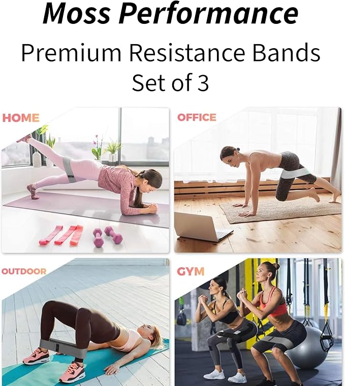 Premium Fabric Resistance Bands, Glute Bands, Set of 3 Resistance Strengths with Carrying Bag for Men & Women, Strength Training, Pilates, Physical Therapy, Home Exercise, & More