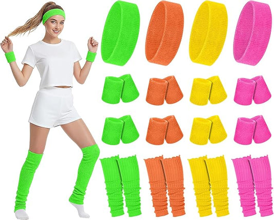 Hillban 4 Set 80s Leg Warmers for Women Men 80s 90s Accessories Neon Headband Wristband Workout Outfit for Carnival Party