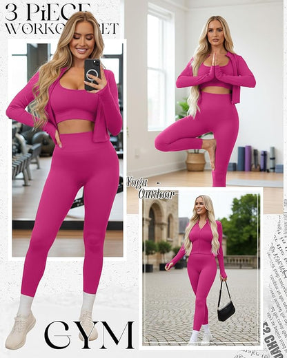 Women 3 Piece Seamless Workout Set Sports Bra High Waisted Gym Yoga Leggings Zip Up Jacket with Thumbhole Activewear