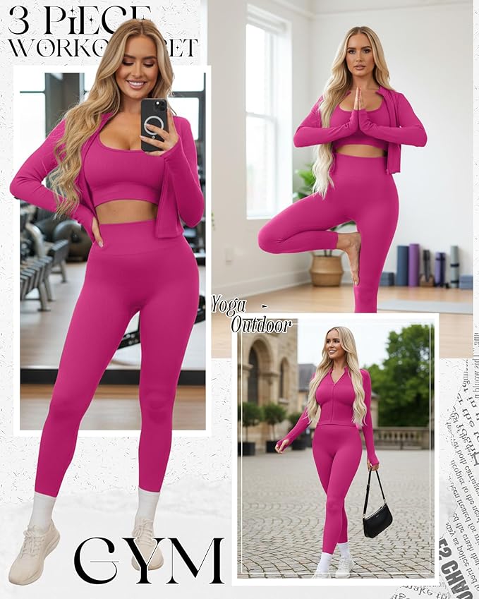 Women 3 Piece Seamless Workout Set Sports Bra High Waisted Gym Yoga Leggings Zip Up Jacket with Thumbhole Activewear