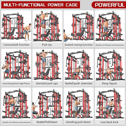 Multi-Purpose Squat Rack,Smith Machine Weight Rack Set with Cable Crossover System, Home Gym Power Racks, Power Racks and Packages
