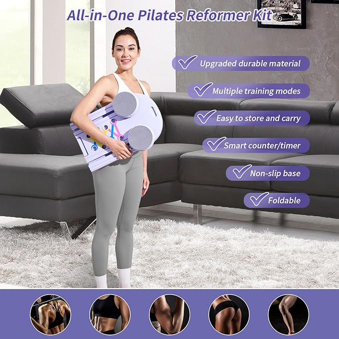 Pilates Board Reformer 15-in-1: Split & Foldable Design, Portable Home Gym with Digital Display, Resistance Bands, Balance Board for Women's Full Body & Core Training