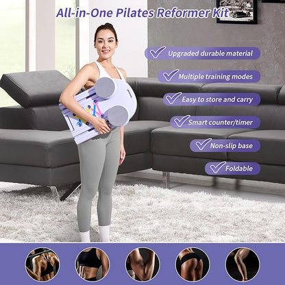 Pilates Board Reformer 15-in-1: Split & Foldable Design, Portable Home Gym with Digital Display, Resistance Bands, Balance Board for Women's Full Body & Core Training