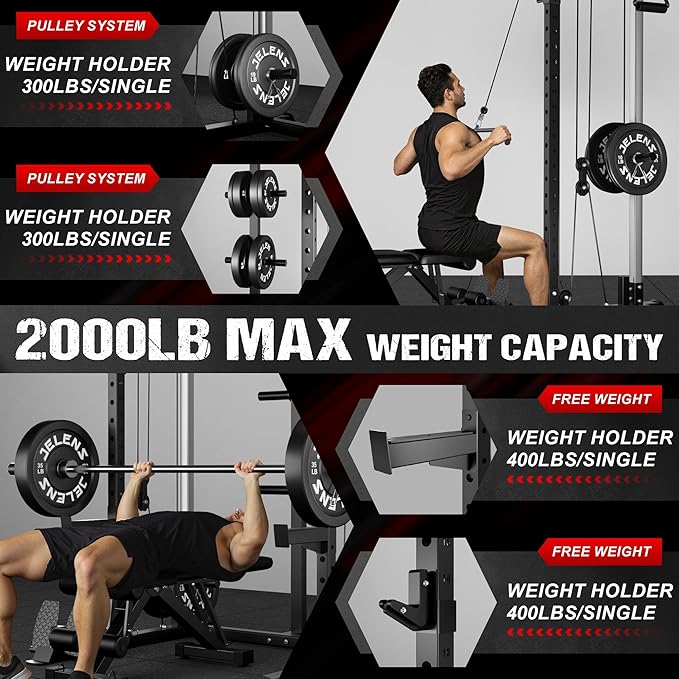 C21 Power Cage, 2000LBS Multi-Function Power Rack with Independent Dual Pulley System, All-in-One Squat Rack for Cable Crossover, Home Gym Workout Machine with More Training Attachments
