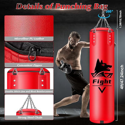 4FT Hanging Punching Bag for Adults, Super PU Leather Boxing Training Equipment Heavy Bag with 12OZ MMA Gloves, Unfilled Kicking Bag Boxing Set for Training Karate Kickboxing Muay Thai