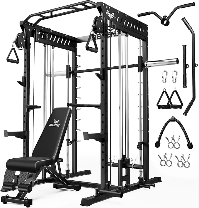 M21 Smith Machine, Multi-Function Power Cage with Dual Pulley Cable Crossover System, 2000LBS All-in-One Squat Rack with Smith Bar and Attachments for Home Gym Strength Training