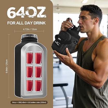 NATURE PIONEOR 64 oz Tactical Water Bottle Set, Stainless Steel Half Gallon Insulated Water Bottle with Tactical MOLLE Bottle Carrier Sleeve, for Outdoor Work, Gym, Hiking, Camping