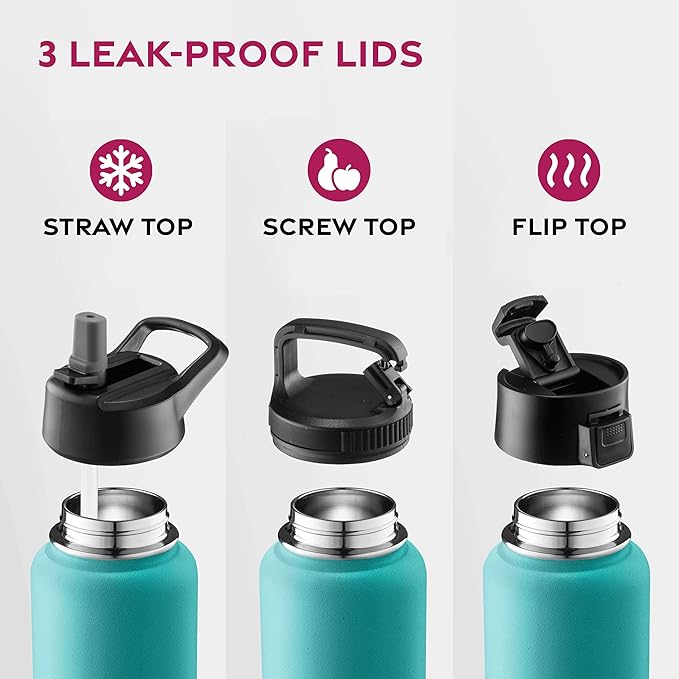 FineDine Water Bottle - Stainless Steel Insulated Water Bottle with Straw Lid, Flip Lid & Wide-Mouth Cap - Keeps Hot and Cold - 25 Oz / 739ml - Cheery Turquoise