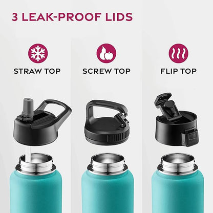 FineDine Water Bottle - Stainless Steel Insulated Water Bottle with Straw Lid, Flip Lid & Wide-Mouth Cap - Keeps Hot and Cold - 25 Oz / 739ml - Cheery Turquoise