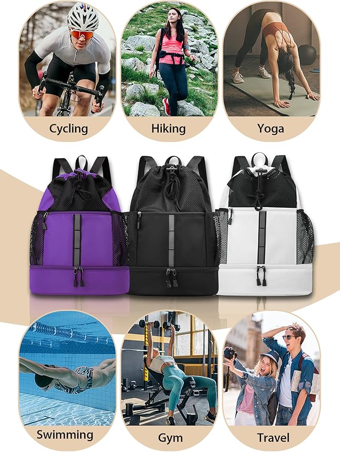 U.helper Waterproof Gym Drawstring Backpack, Sports Sack with Shoes Compartment & Wet Pockets for Ball/Beach/Swim Training