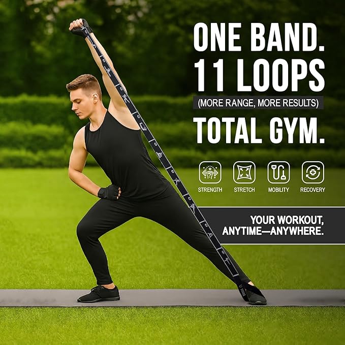 Elastic Yoga Strap with 11 Loops – Premium Stretch Band for Flexibility, Physical Therapy, Pilates, Leg & Full-Body Exercises – Non-Slip Fabric Resistance Band for Mobility & Strength Training