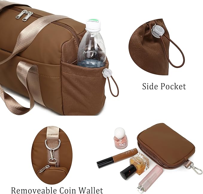 Everyday Mini Gym Bag for Women 2.0, Small Tote with Zipper Compartment Waterproof Travel Duffle Cute Handbag Workout Carry On with Removeable Shoulder Strap & Coin Wallet Easy to Clean - Brown