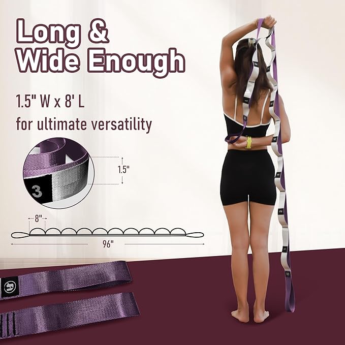Stretch Bands for Exercise, Non Elastic Yoga Stretching Strap with Loops, 3.8cm x 2.45m, Stretching Bands for Physical Therapy, Yoga, Pilates, Dance, Gymnastics Exercise