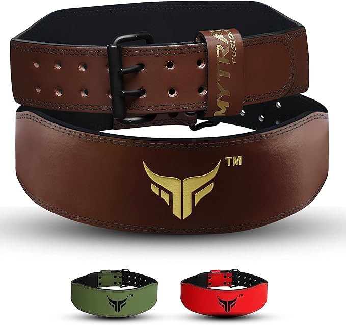 Mytra Fusion Weight Lifting Belt Double Prong Buckle Power Lifting Back Support Belt 100% Leather Gym Belts for Weightlifting Weight Lifting Belts for Men Women, Powerlifting, Strength Training