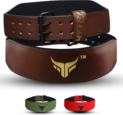 Mytra Fusion Weight Lifting Belt Double Prong Buckle Power Lifting Back Support Belt 100% Leather Gym Belts for Weightlifting Weight Lifting Belts for Men Women, Powerlifting, Strength Training