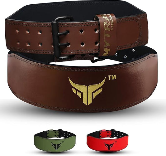 Mytra Fusion Weight Lifting Belt Double Prong Buckle Power Lifting Back Support Belt 100% Leather Gym Belts for Weightlifting Weight Lifting Belts for Men Women, Powerlifting, Strength Training