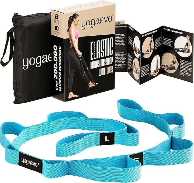 YOGA-EVO Elastic Stretching Strap with 10 Loops Premium Cotton Yoga Strap for Flexibility, Physical Therapy & Muscle Activation Includes Comprehensive HD Video Training & Digital Guide Latex-Free