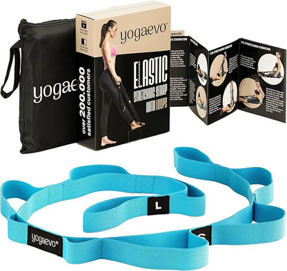 YOGA-EVO Elastic Stretching Strap with 10 Loops Premium Cotton Yoga Strap for Flexibility, Physical Therapy & Muscle Activation Includes Comprehensive HD Video Training & Digital Guide Latex-Free