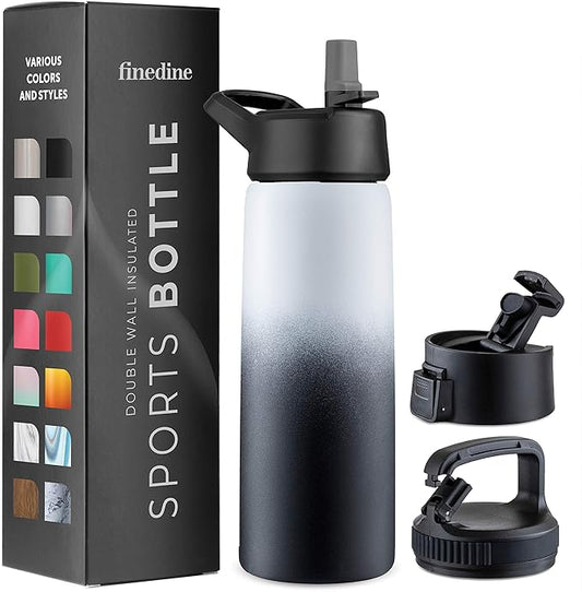 FineDine Water Bottle - Stainless Steel Insulated Water Bottle with Straw Lid, Flip Lid & Wide-Mouth Cap - Keeps Hot and Cold - 25 Oz / 739ml - Dreamy Black-White