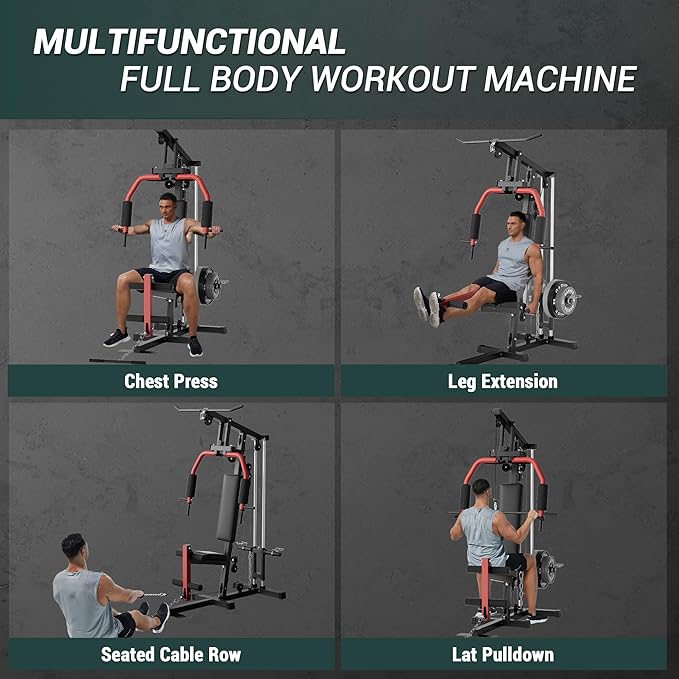 Multifunctional Home Gym Equipment - 300LBS Full Body Workout Machine with Lat Pulldown, Chest Press & Leg Extension | Fits 1" & 2" Weight Plates(not included) | Heavy-Duty Steel Frame & Pulley System