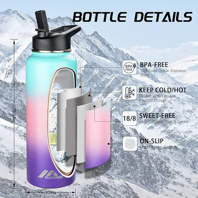 StarSpeed 40oz Insulated Water Bottle with Straws & 2 Lids, Stainless Steel Double Walled Vacuum Water Flask, Wide Mouth Sports Water Bottle for Gym Camping Hiking, Hydrangea