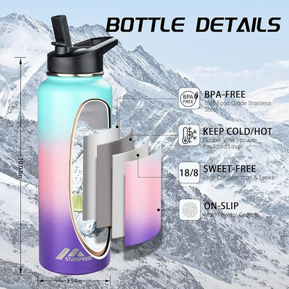 StarSpeed 40oz Insulated Water Bottle with Straws & 2 Lids, Stainless Steel Double Walled Vacuum Water Flask, Wide Mouth Sports Water Bottle for Gym Camping Hiking, Hydrangea