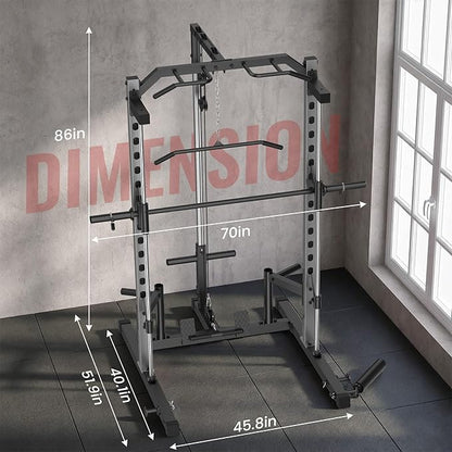 OPPSDECOR Smith Machine Power Rack for Home Gym - All-in-One Power Cage Squat Rack with LAT Pulldown, Cable Machine & Barbell Bar - Multi-Functional Strength Training Equipment