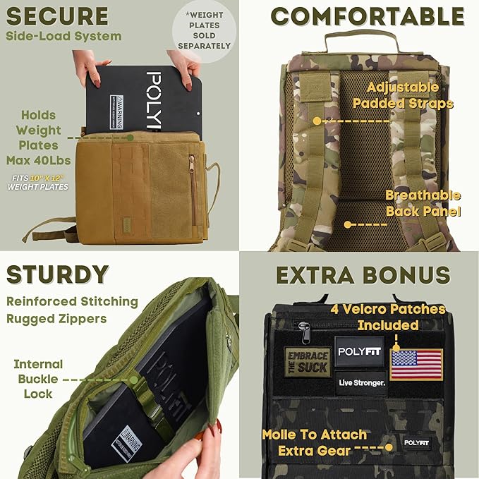 Polyfit Rucking Backpack 2.0 - Weighted Ruck Pack for Weight Plates - Patent Pending Side-Loading Rucksack for Walking, Running, Rucking, Strength and Endurance Training - Black Camo