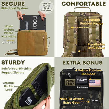 Polyfit Rucking Backpack 2.0 - Weighted Ruck Pack for Weight Plates - Patent Pending Side-Loading Rucksack for Walking, Running, Rucking, Strength and Endurance Training - Black Camo