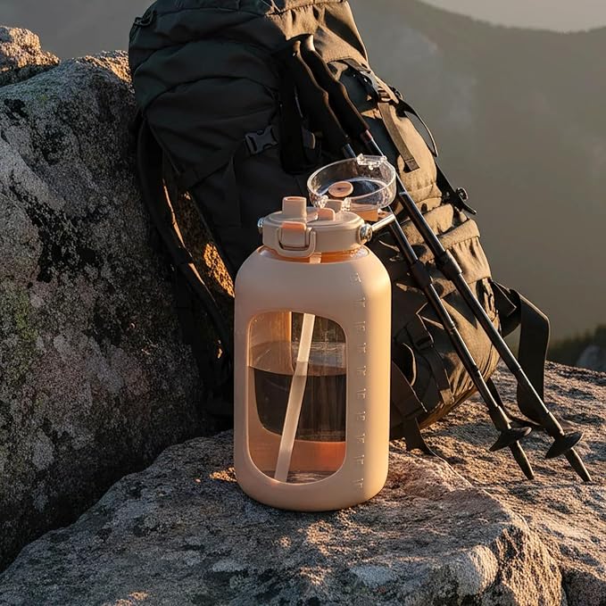 BLUEGO 100 oz Glass Water Bottle with Straw, Huge 3 Liter Water Bottle with Sturdy Handle, Glass Water Jug with Sleeve, Wide Mouth Water Container with Time Marker, Amber