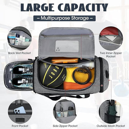 IGOLUMON Gym Bag for Men 40L Sports Duffel Bags Gym Duffle Bag Women with Shoe Compartment & Wet Pocket Water Resistant Travel Duffel Bag Lightweight Weekender Overnight Bag Gray