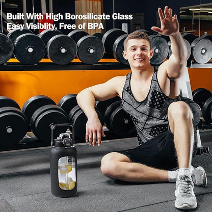 72oz Glass Water Bolttles, 3-in-1 Straw and Sip Spout Handle Lid, Half Gallon Water Bottle with Time Marker and Silicone Sleeve, BPA-Free Sports Water Bottle for Gym, School, Black