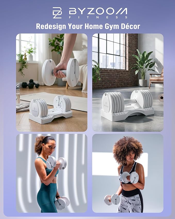 BYZOOM FITNESS Pure Series Adjustable Dumbbell - 12.5/25/27.5/75lb - ONE UNIT OR PAIR(check QTY before purchase) - 5-in-1/ 10-in-1 / 21-in-1 Flexible Hand Weights for Home Gym, Strength Training & Fitness Workouts, White OR Black