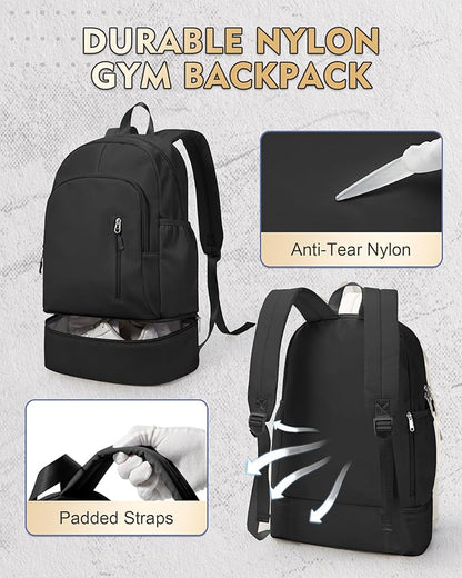 Gym Backpack for Women Men,Cheer bag,Lightweight Gym Bag with Shoe Compartment, Waterproof Sports Backpack with Wet Pocket, Black