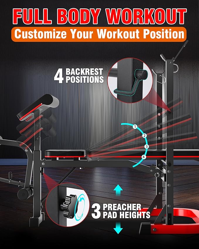 OPPSDECOR 6 in 1 Weight Bench Set with Leg Extension and Leg Curl, 660 LBS Adjustable Bench Press Set with Preacher Curl Pad, Foldable Workout Bench for Home Gym, Strength Training for Teens/Adults